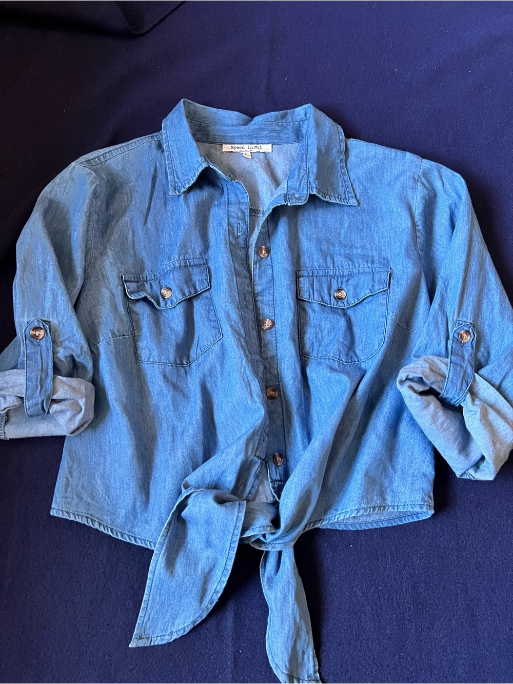 Speed Limit 98 Light Blue Denim Tie-Front Shirt